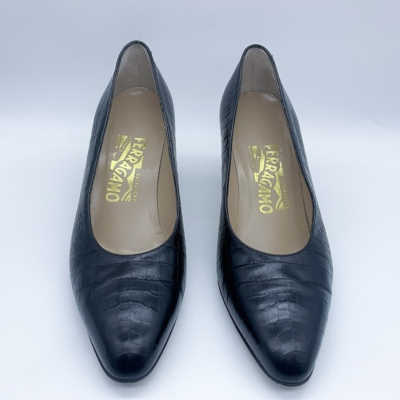 Salvatore Ferragamo Clarissa Croc-Embossed Heel Pump in Black - Picture 3 of 13